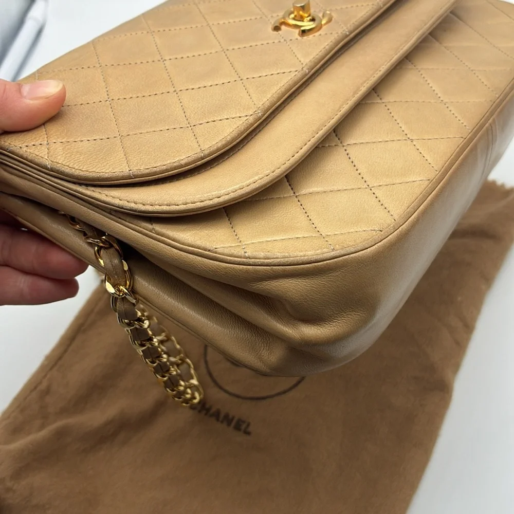 CHANEL HALF MOON BIEGE DOUBLE FLAP QUILTED CC GOLD HW LAMBSKIN SHOULDER BAG